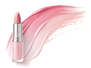 Swatch of creamy pink lipstick with matching silver tube on whiteMuestra de lápiz labial rosa cremoso con tubo plateado a juego sobre fondo blanco Labial rosado con pincelada