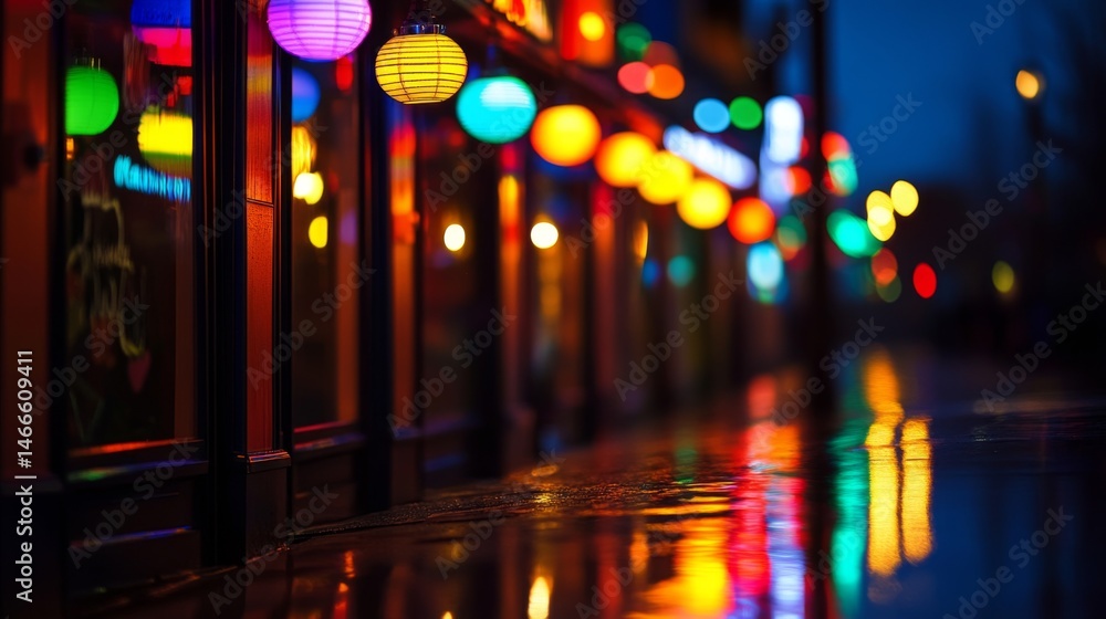 Poster rows of colorful neon lights in a busy cityscape at night, blurring slightly to create a vibrant, bu