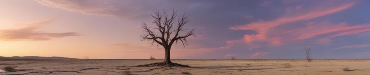 Lone bare tree stands stark against a desolate, cracked earth sky, sky, branches