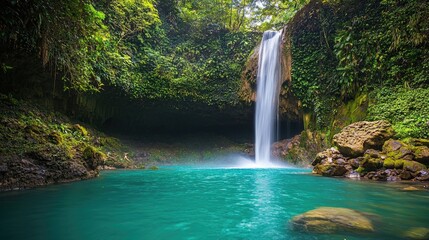 Fototapeta premium Lush waterfall cascading into a vibrant turquoise pool.
