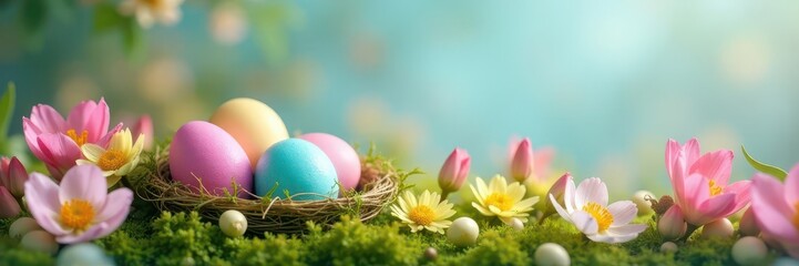 Obraz premium Pastel eggs nestled in blooming spring flowers, vibrant colors , Easter, picture, springtime