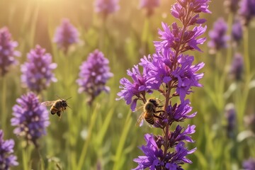 A bee gathers nectar from a vibrant purple flower in a sun-drenched field , beauty, wildflower