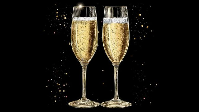 Two champagne flutes filled with sparkling wine on black background with golden festive bubbles and light
