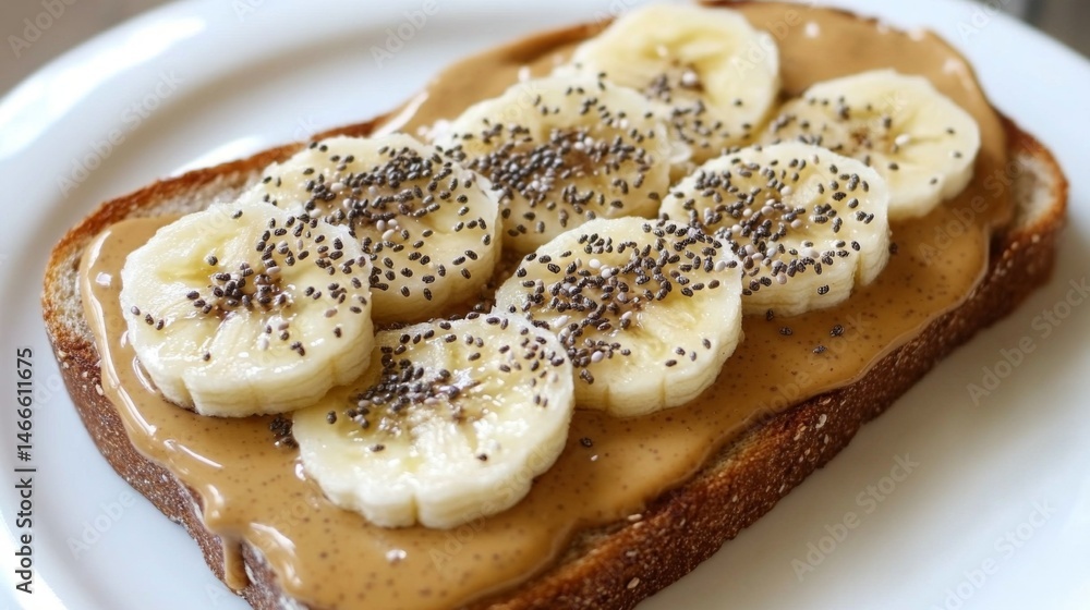 Poster Toast topped with creamy peanut butter and banana slices, sprinkled with chia seeds, creating a nutritious and delicious breakfast option