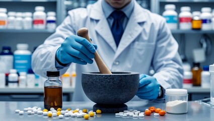 Pharmacist compounding custom medication in clean lab