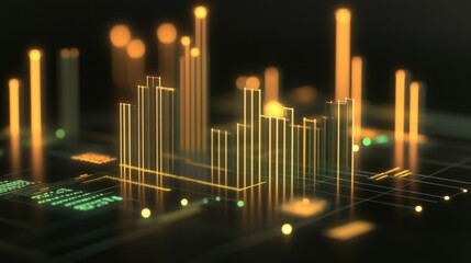 Transparent D bar graph with glowing edges, set against a dark background for a modern, tech-inspired look