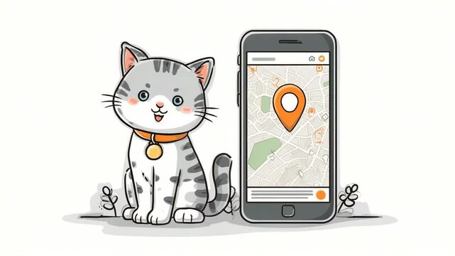 Cute cartoon cat with collar sitting next to smartphone showing location pin on map in pet tracker concept