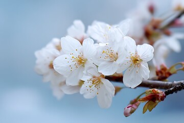 Bright blossoms on twig against pastel blue backdrop  

