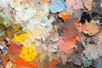 Colorful palette of textured paint reveals vibrant artistry in a creative studio setting