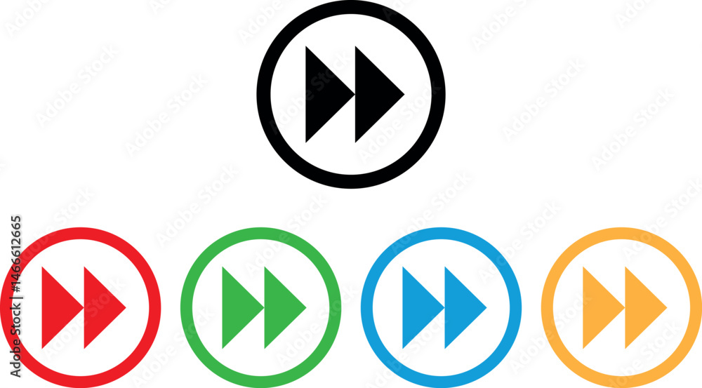 Poster colorful fast forward button icon set in five colors . media fast forward button icon . vector illus