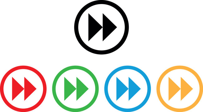 Colorful fast forward button icon set in five colors . Media fast forward button icon . Vector illustration