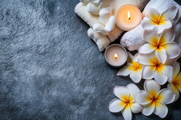 Flat lay of Hawaiian plumeria flowers with towel, candle, and stone background