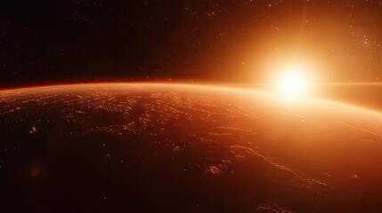 Obraz premium Sunrise over a distant, fiery planet.