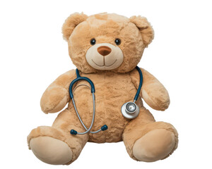 A teddy bear wearing a stethoscope around its neck sitting against a black background in a studio shot