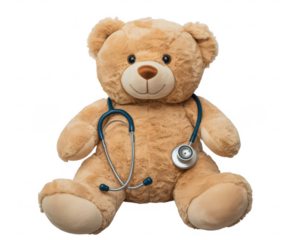 A teddy bear wearing a stethoscope around its neck sitting against a black background in a studio shot