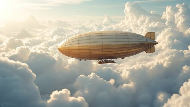 Airship Floating Peacefully Above Soft White Clouds Under Blue Sky