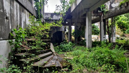 Overgrown Concrete Ruins with Spiral Staircase,path, ruin, green, nature, ancient, architecture, landscape, stone, travel, environmental, historical, japan, jungle, lush, moody, 