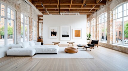 Industrial open studio with white plaster wall breaking through old bricks, a white frame sits mid-wall, wide plank floors clean and empty, ambient natural daylight