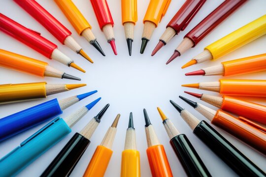 Colorful pencils arranged in a circle on a white background, showcasing creativity and art supplies