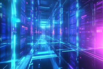Futuristic glowing data corridor with neon blue and pink lights, representing a high-tech server room or digital network space