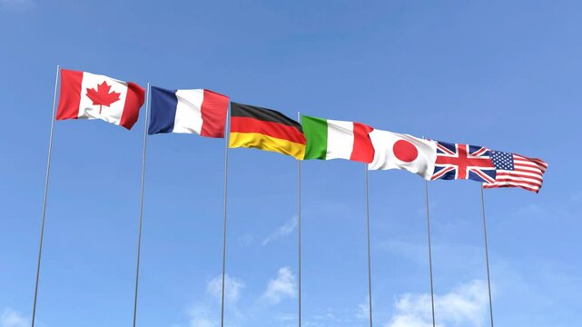 Loop video of G7 nation flags under blue sky