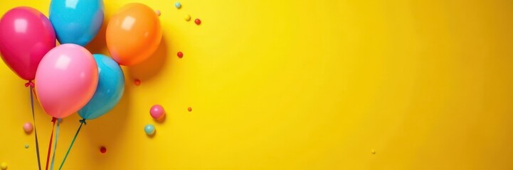 Colorful balloons festive birthday decor on yellow , background, party supplies, festive