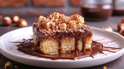 Delicious Slice of Hazelnut Cake Topped with Chocolate Sauce and Nut Crumble on White Plate