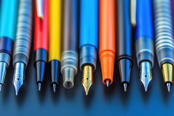 Colorful assortment of writing instruments arranged neatly on a black surface