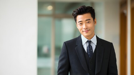 Suave Korean Gentleman Poses Confidently in a Business Suit Exuding Charm and Professionalism Against a Neutral Backdrop Illuminating His Striking Features and Stylish Ensemble