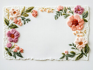Embroidery Frame with Colorful Floral Patterns and Border on Light Background