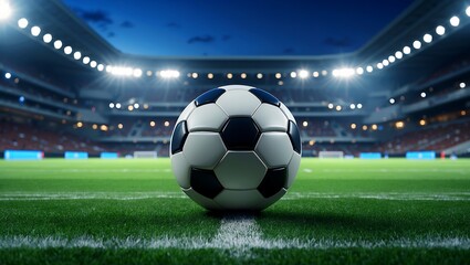 Naklejka premium Soccer ball illuminated by stadium lights at night