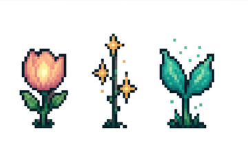 Obraz premium Pixel art nature icons with flowers and leaves on black background