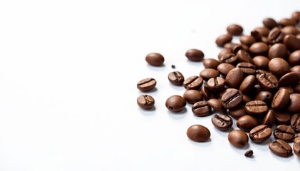 Naklejka premium Scattered coffee beans diagonally across a stark white background , aroma, composition, studio