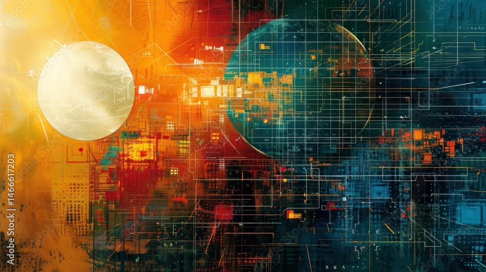 Aufkleber abstract digital art featuring celestial elements and geometric patterns