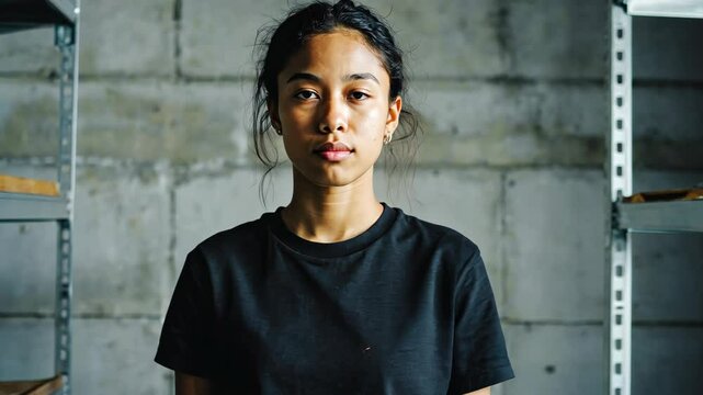 Serious young woman wearing a black t-shirt stands in front of a cinder block wall and metal shelving unit indoors