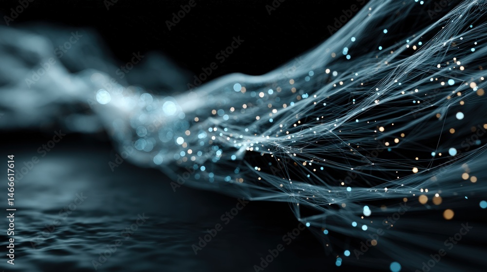 Poster abstract digital flow with glowing particles and fluid motion