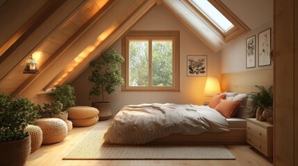Fototapeta premium Cozy attic bedroom with natural light (2)