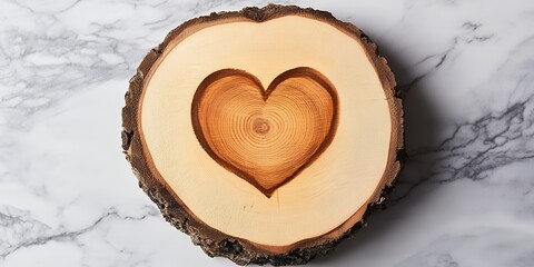 A wood slice with a heart shaped carving on a marble surface viewed from directly above in a studio shot
