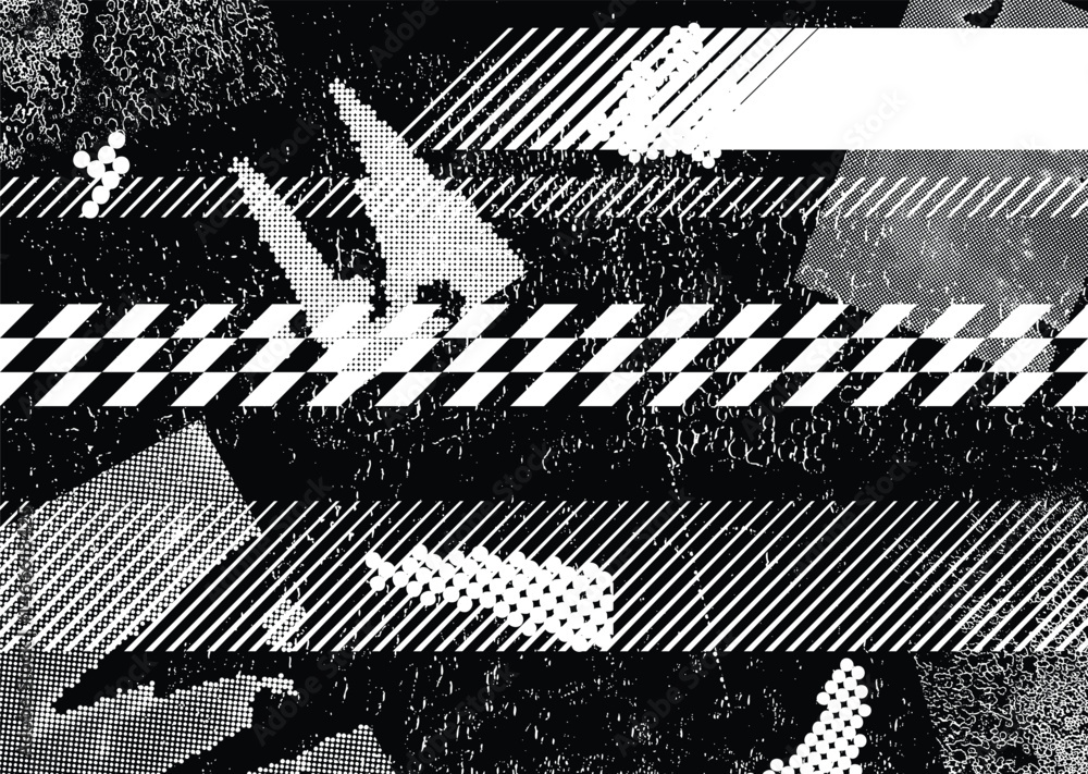 Poster Glitch distorted geometric shape . Noise destroyed logo . Trendy defect error shapes . Glitched frame .Grunge textured . Distressed effect .Vector shapes with a halftone dots screen print texture.