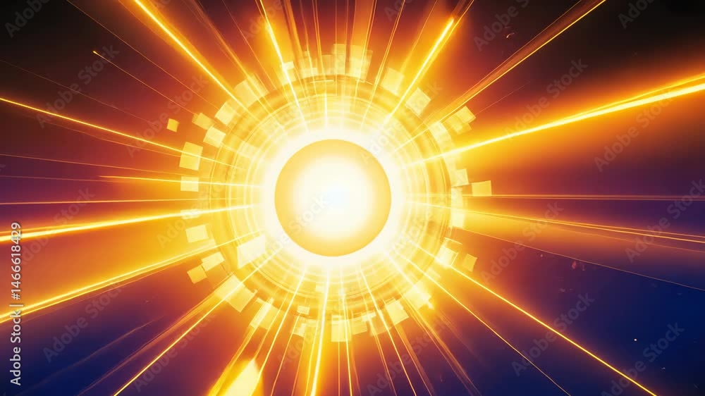 Poster abstract orange light streaks converging towards a central sphere with geometric patterns, creating 