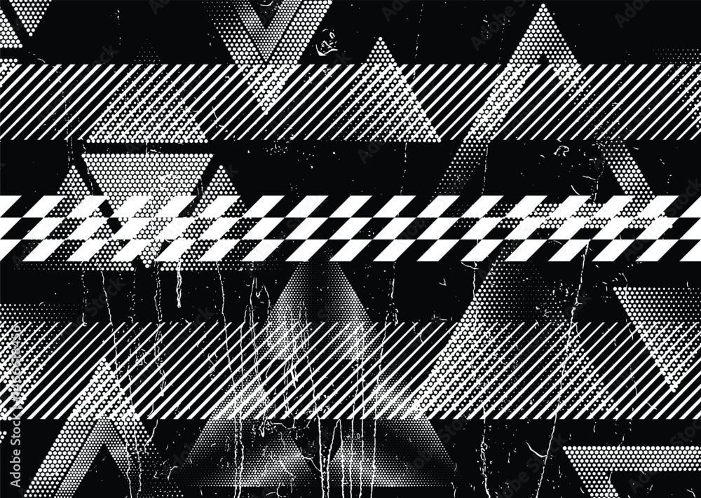 Poster Glitch distorted geometric shape . Noise destroyed logo . Trendy defect error shapes . Glitched frame .Grunge textured . Distressed effect .Vector shapes with a halftone dots screen print texture.