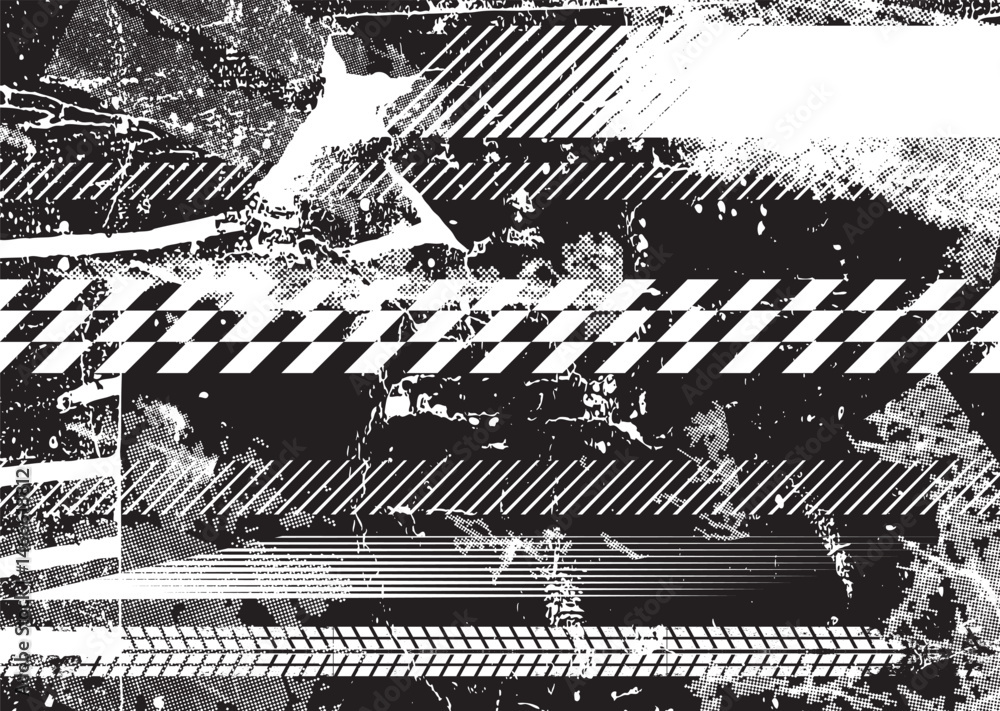 Poster Glitch distorted geometric shape . Noise destroyed logo . Trendy defect error shapes . Glitched frame .Grunge textured . Distressed effect .Vector shapes with a halftone dots screen print texture.