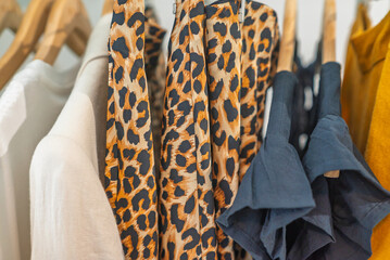 leopard print clothing hanging on a clothes rack detail