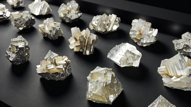 Collection of mineral specimens in assorted shapes and sizes on a black surface, each with complex crystal structures and reflective surfaces.