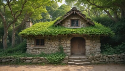 Ancient stone hut, ivy-covered walls, forest backdrop, wooden entrance , backdrop, cottage, solitude