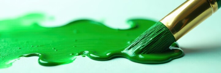 A thick glob of emerald green clings to a paintbrush ,  vibrant,  close-up,  art