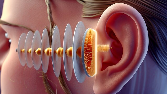 Vibrant 3d illustration of sound waves in the ear