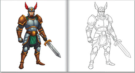 Fototapeta premium Valiant Warrior: A majestic illustration of a valiant warrior, armor clad and sword in hand, exuding strength and valor. This image, showcases intricate detail and artistry.