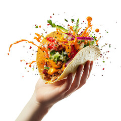 A hand holding an exploding taco with vegetables and sauce splashing out of it,