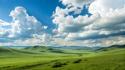Obraz premium Expansive Green Meadow Landscape with Rolling Hills, Fluffy White Clouds, and Distant Mountains Under a Vibrant Blue Sky